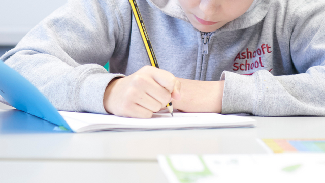 child writing in workbook in shcool 