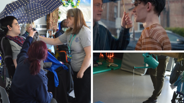 to the left - a photo of Naomi holding an umbrella over a learner. top right - a still from the series Heart Stopper. bottom right - Naomi pouring water from a watering can onto the top of an umbrella. 