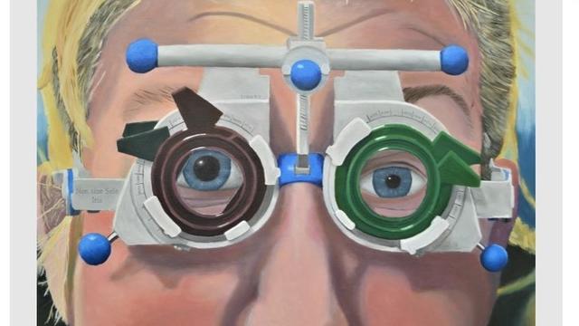 A painting of a person undergoing an eye test 