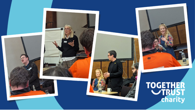 A collage of four different pictures of the speakers during the event: Andy Burnham, Labour Party; Hannah Spencer, Green Party; Jake Austin, Lib Dem Party; Laura Evans, Conservative Party.