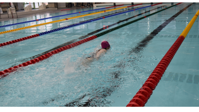 A photo of a student swimming in the middle lane of a large swimming pool