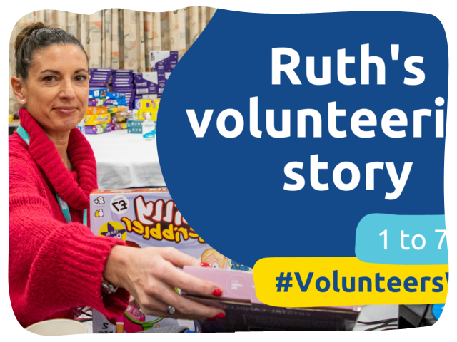 Woman holding a toyset in a room full of boxes. Text reads "Ruth's volunteering story. 1-6 June is Volunteers week" 